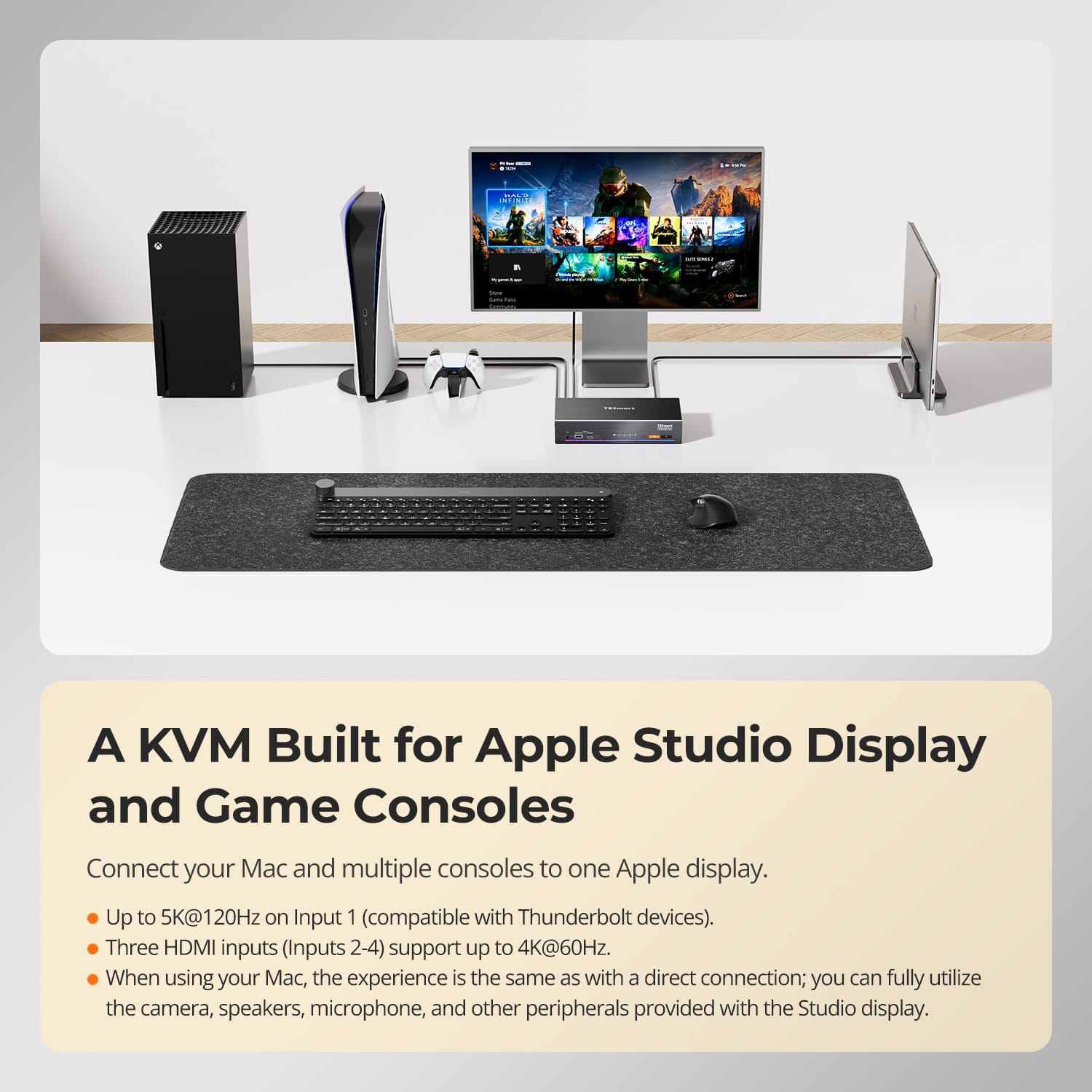 TESmart THK401-X4-USBK 4-Port KVM for Apple Studio Display – Up to 6K@60Hz / 5K@120Hz, Compatible with Thunderbolt™ 4 &amp; HDMI Devices 4-Port KVM for Apple Studio Display – Compatible with Thunderbolt™ 4 &amp; HDMI Devices