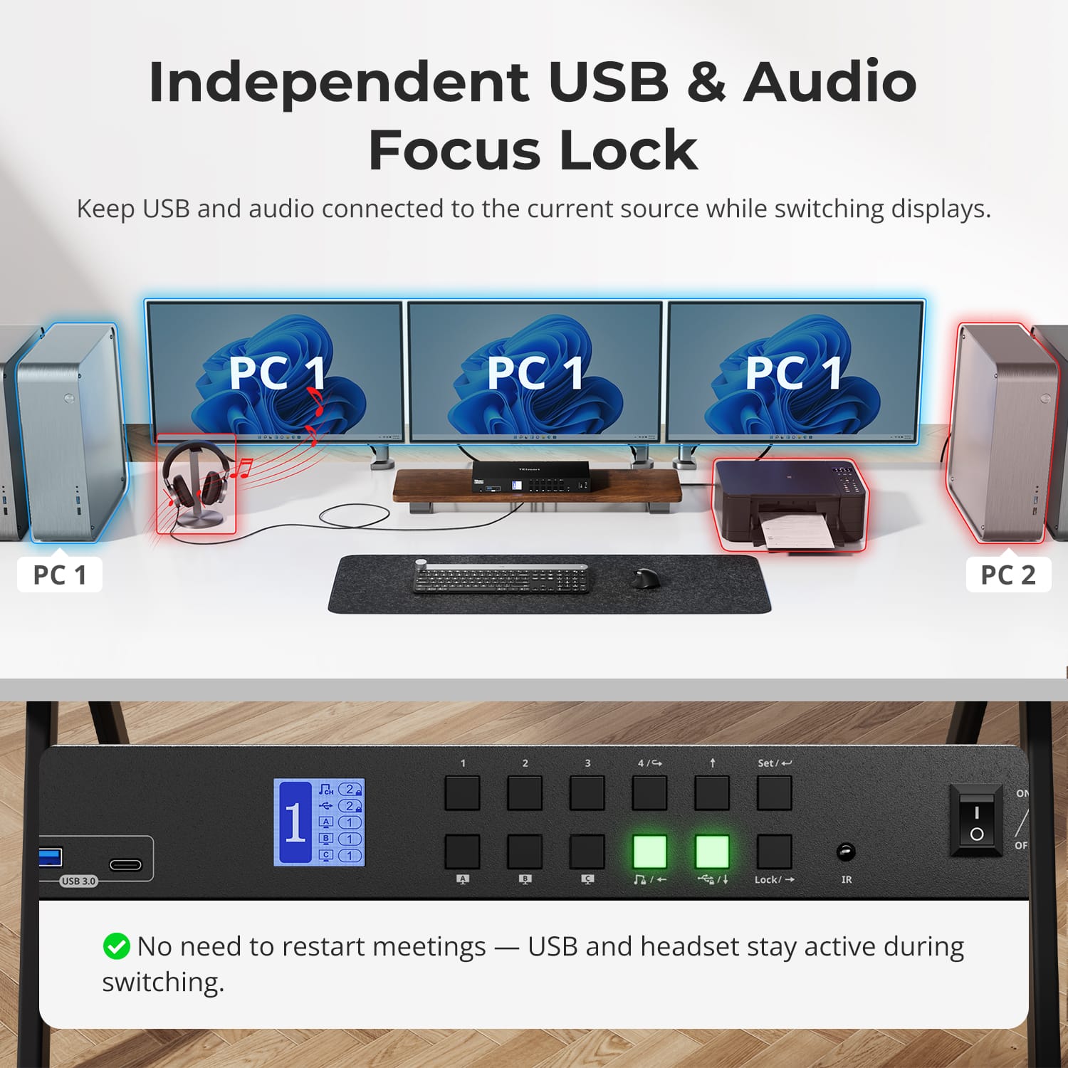 TESmart Triple Monitor KVM Switch 4 Port Triple Monitor KVM Switch HDMI 4K60Hz with USB 3.0 Hub, Headset, Audio&amp;Microphone Triple Monitor KVM Switch – 4 Port HDMI 4K with USB Hub | TESmart