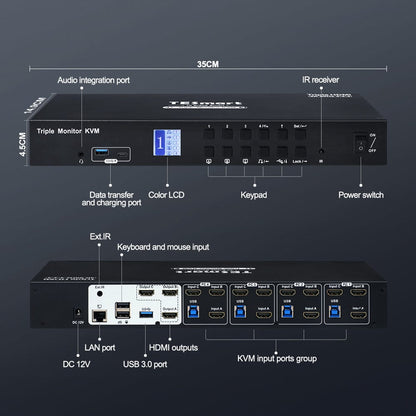 TESmart Triple Monitor KVM Switch 4 Port Triple Monitor KVM Switch HDMI 4K60Hz with USB 3.0 Hub, Headset, Audio&amp;Microphone Triple Monitor KVM Switch  4 port HDMI 4K with USB hub-TESmart