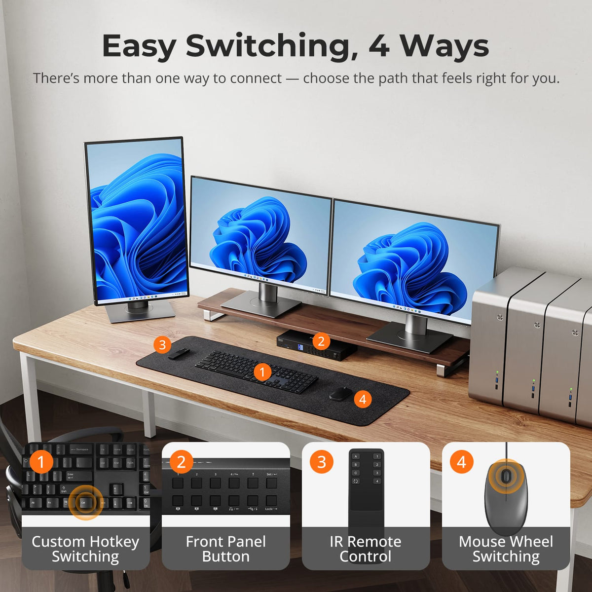 TESmart Triple Monitor KVM Switch HDMI 2.0 &amp; DP 1.2 Triple Monitor KVM Switch 4K60Hz with USB 3.0 Hub, Headset, Audio&amp;Microphone 4-Port USB-C KVM Switch for 3 Monitors, 4K60Hz, USB 3.0 &amp; Hotkey | TESmart