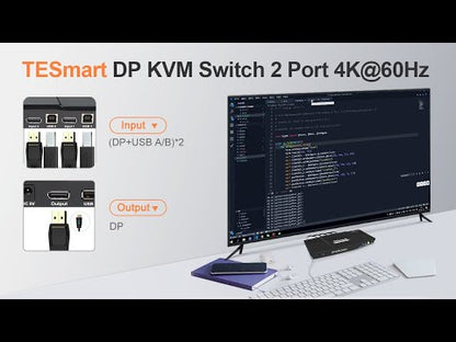 2 Port DisplayPort 1.2 KVM Switch 4K60Hz with USB Hub